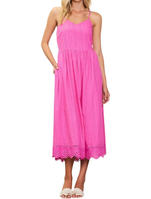 flowy midi dress-Eyelet Midi Dress In Pink Bubblegum