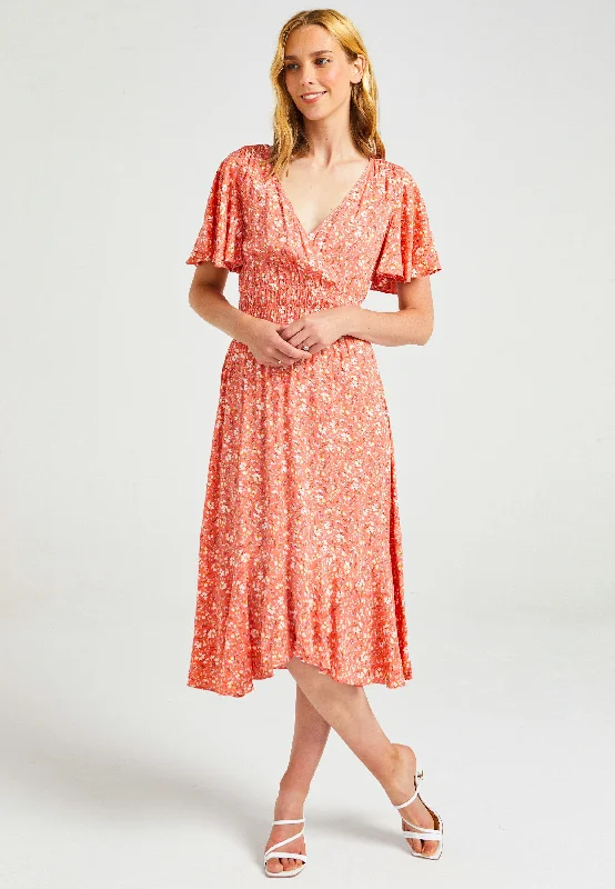 boho chic midi dress-Flutter Sleeves Midi Dress With Elasticated Waist & Asymmetrical Hem