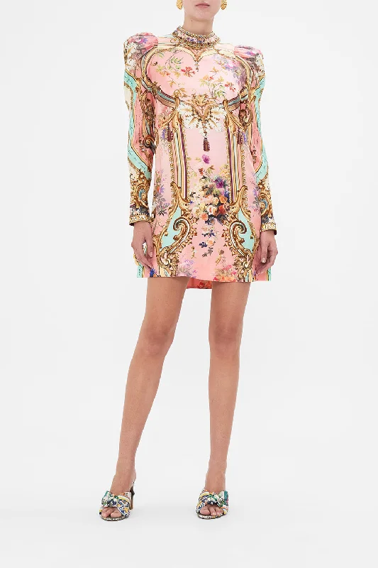 mini dress with frilled cuffs-PUFF SLEEVE HIGH NECK MINI DRESS LETTERS FROM THE PINK ROOM