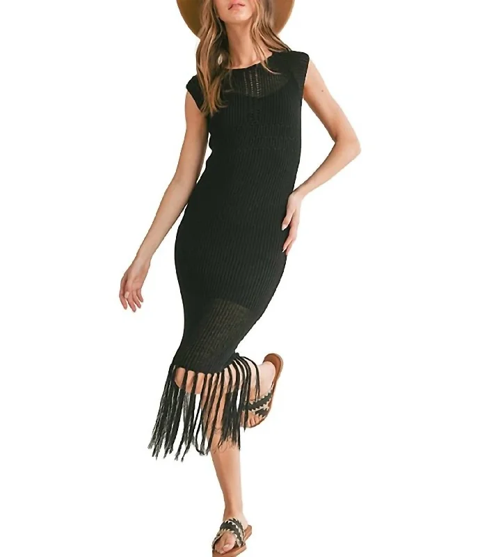 tropical print midi dress-Mila Knitted Fringe Hem Midi Dress In Black