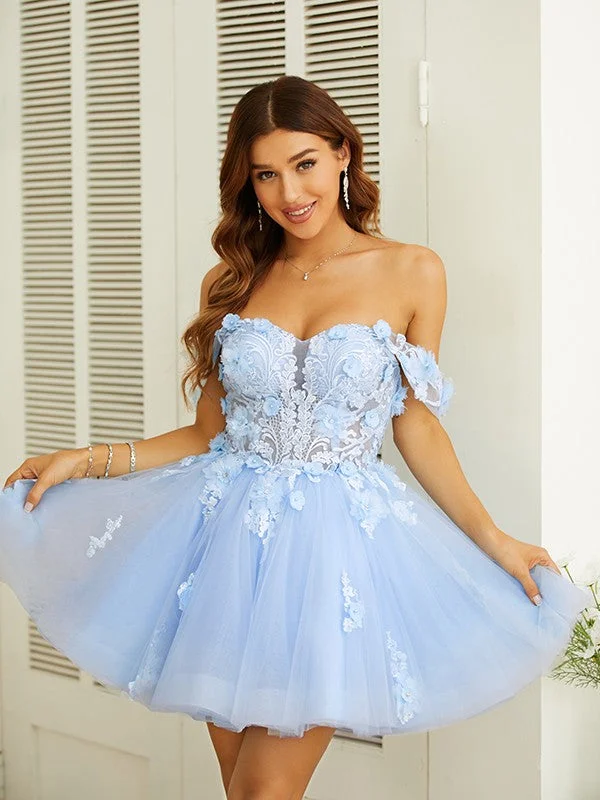 mini dress with draped back-A-Line/Princess Tulle Applique Off-the-Shoulder Sleeveless Short/Mini Dresses