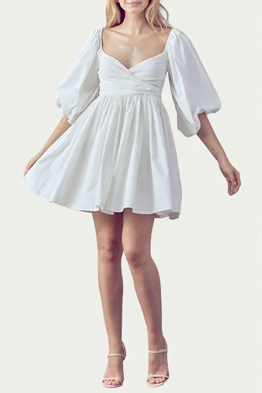 mini dress with peasant sleeves-Shirred Wrap-Effect Cotton Mini Dress in White