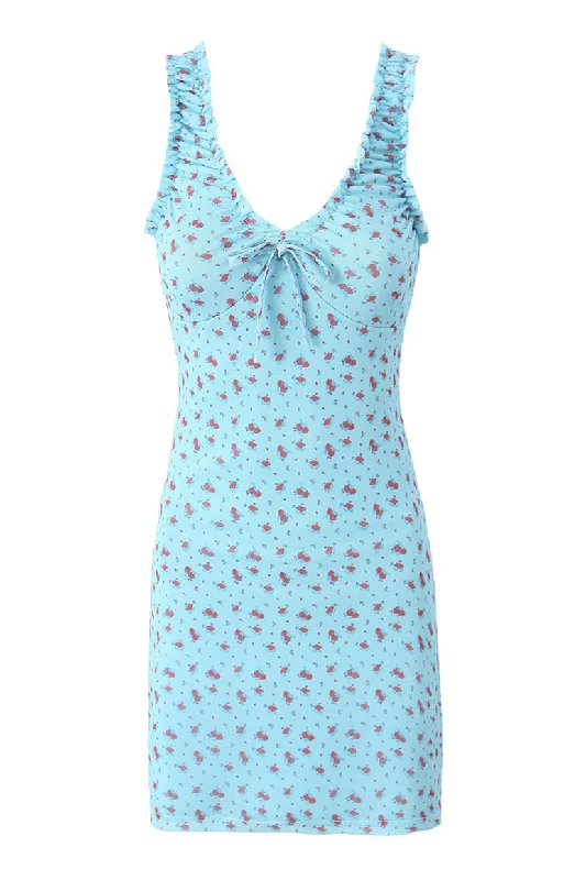 ruffled hem mini dress-Straps Light Blue Floral Print Short Summer Dress