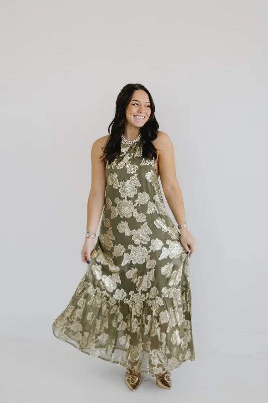 tropical print sleeveless maxi dress-Cordelia Maxi Dress - Olive/Gold