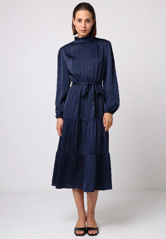 ruched midi dress-Satin Tiered Midi Dress with Tie Waist in Navy