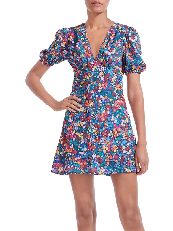 fitted v-neck mini dress-Womens Floral Print V Neck Mini Dress