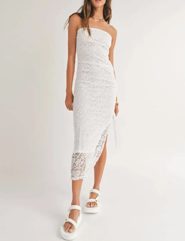 flared skirt midi dress-Fresh Air Side Ruched Midi Dress In White