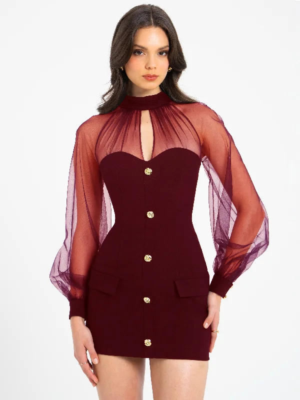 scalloped mini dress-Tabitha Burgundy Mesh Lantern Sleeve Mini Dress