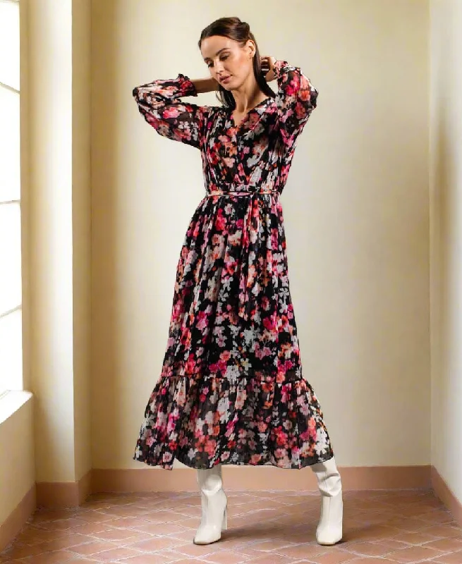 summer floral maxi dress-Black Floral Chiffon Maxi Dress