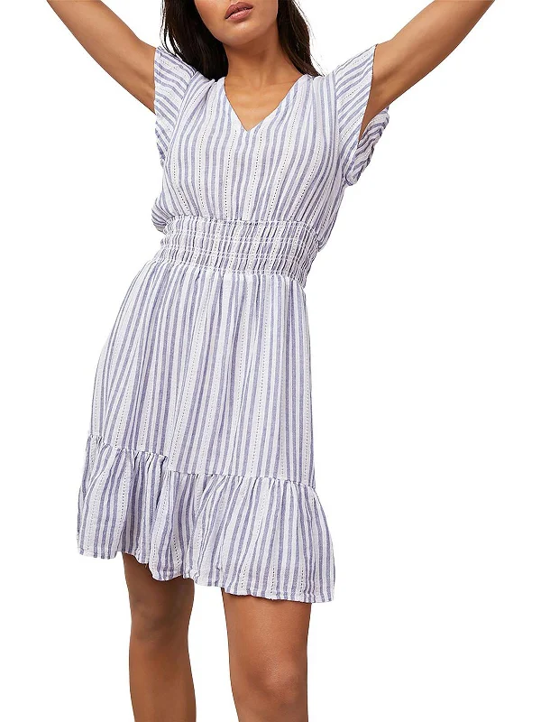 pleated mini dress-Tara Womens Linen Striped Mini Dress