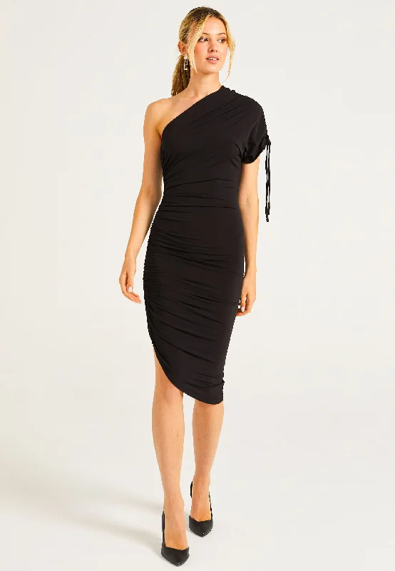 elegant sequin midi dress-BodyCon Midi Dress With One Shoulder Adjustable Sleeve