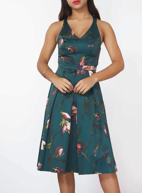 floral chiffon midi dress-Floral Satin Criss Cross Back Pleated Midi Dress In Green