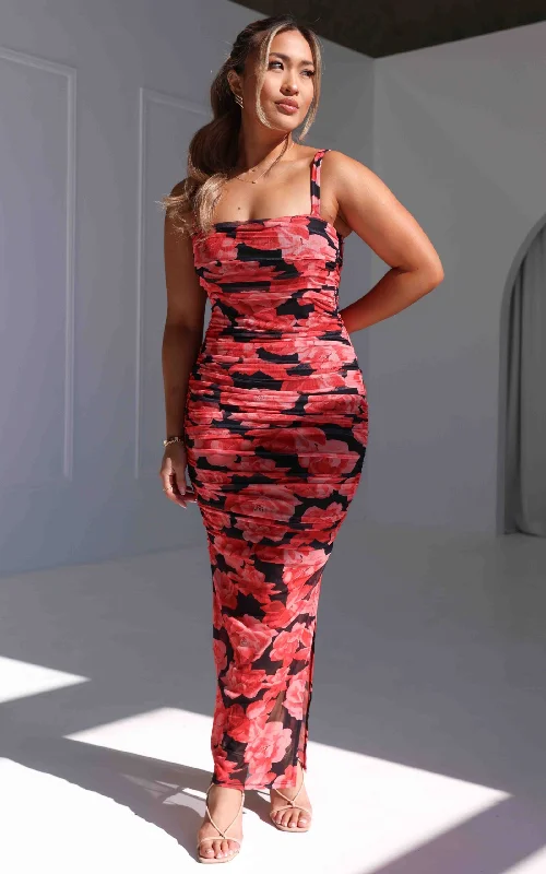 casual wrap front maxi dress-Love You Anyways Mesh Maxi Dress - Black Red Floral