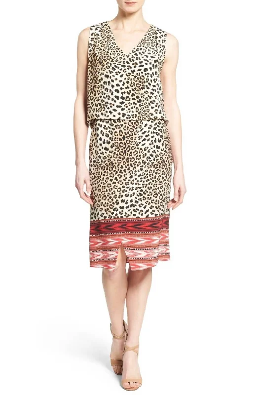 mock neck midi dress-Livia Sleeveless Sheath Silk Leopard Print Midi Dress In Multicolor