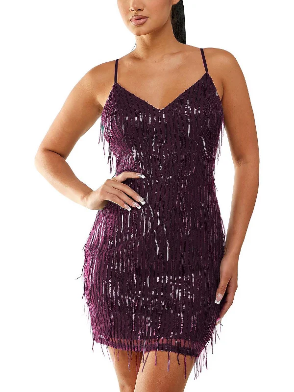 two-piece mini dress set-Juniors Womens Fringed Mini Bodycon Dress