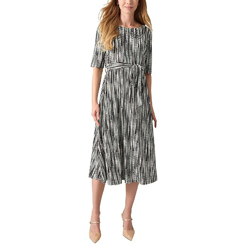 midi dress with cross straps-Petites Womens Pattern Boatneck Midi Dress