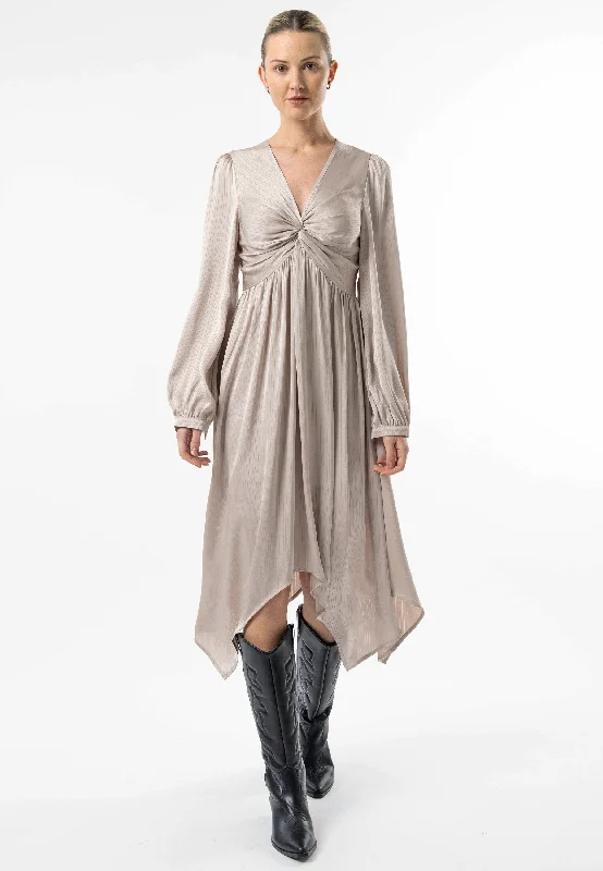 peasant style midi dress-Satin Textured Knot Top Midi Dress in Silver