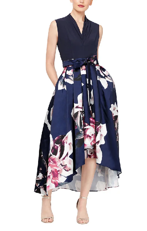 cocktail dress with sheer sleeves-Party Dress with Floral Printed Mikado Silk Skirt & Jersey Bodice