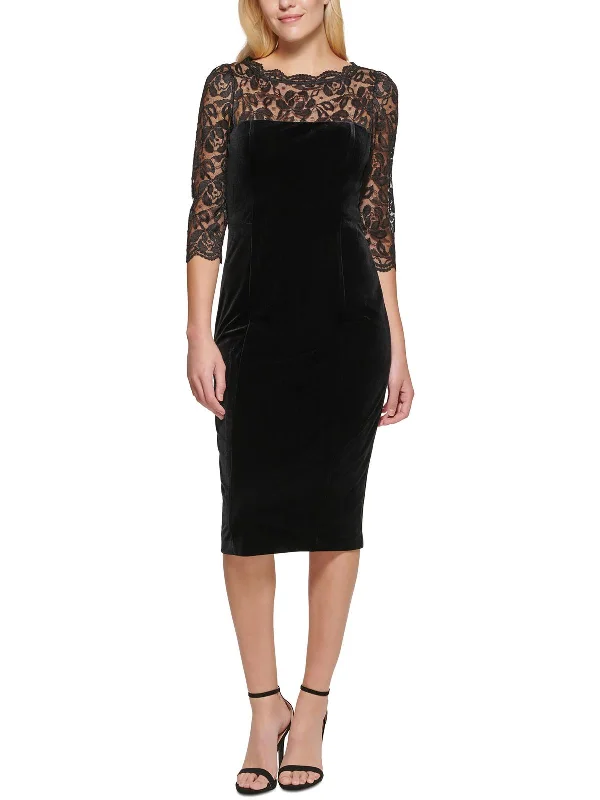 short black cocktail dress-Womens Velvet Lace Front Cocktail Dress