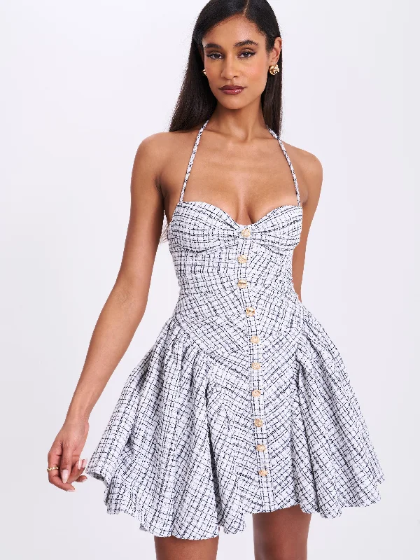 mini dress with lace-Melody Black and White Plaid Tweed Halter Drop Waist Mini Dress