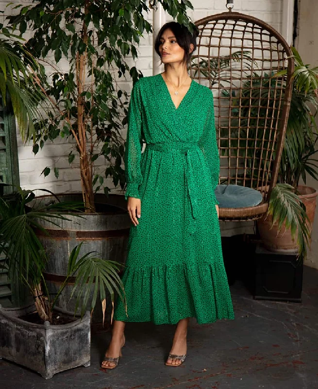 summer casual long maxi dress-Green Animal Chiffon Maxi Dress