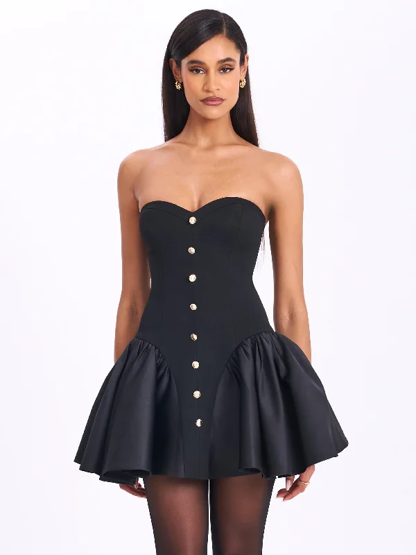 casual drawstring mini dress-Kaden Black Drop Waist Mini Puffy Dress