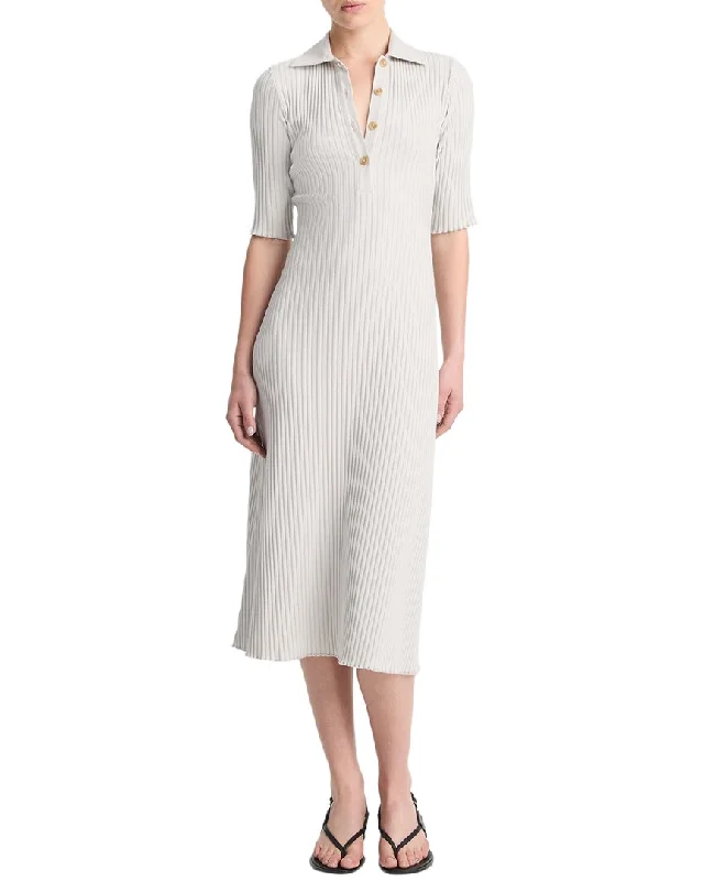 layered midi dress-Vince Rib Elbow-Sleeve Polo Midi Dress