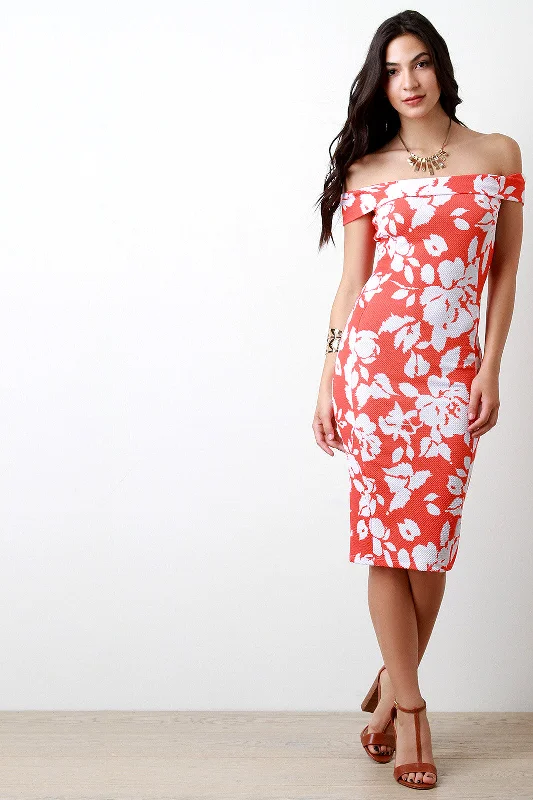 midi dress with scallop hem-Abstract Floral Off The Shoulder Midi Dress