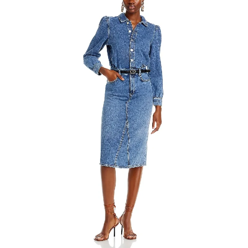 off shoulder lace midi dress-Beverly Womens Denim Midi Shirtdress