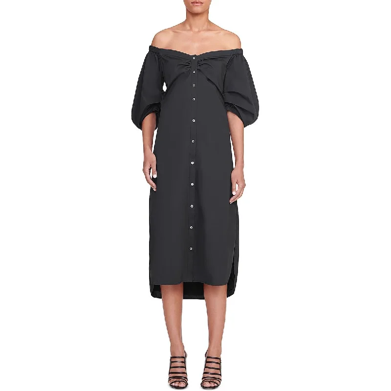 ruffled hem midi dress-Reece Womens Off-The-Shoulder Puff Sleeve Midi Dress