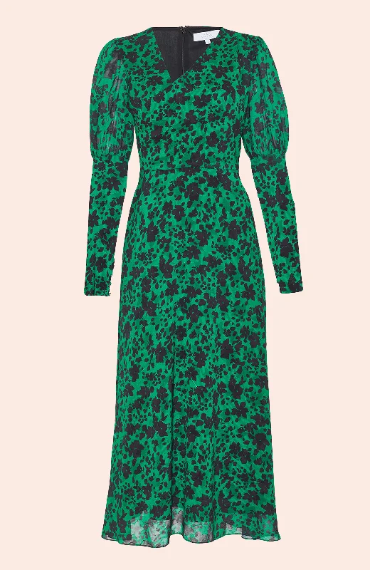 midi dress with pockets-Floral Jacquard Asymmetrical Midi Dress | Emerald Multi