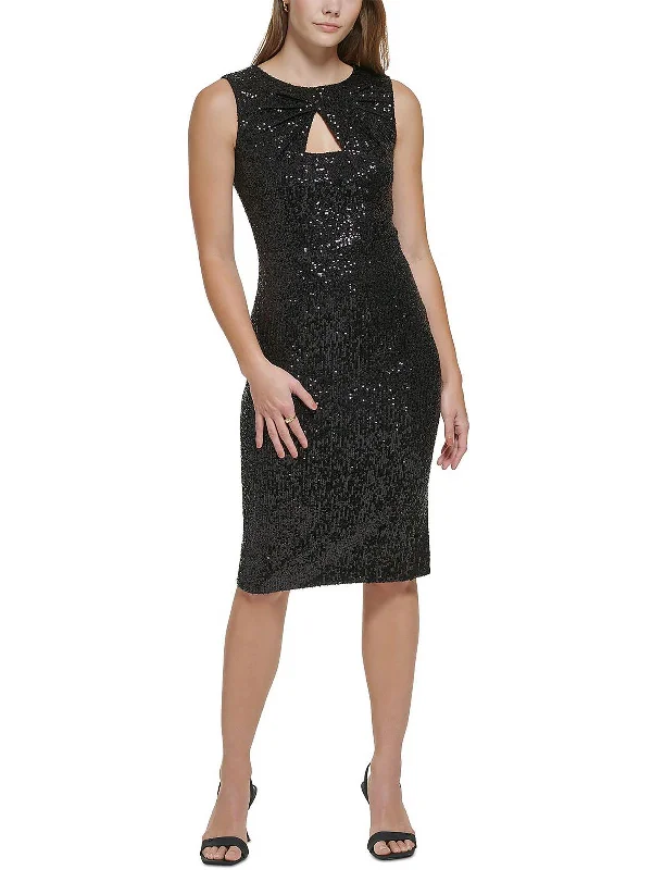 wrap cocktail dress-Petites Womens Sequined Short Cocktail and Party Dress