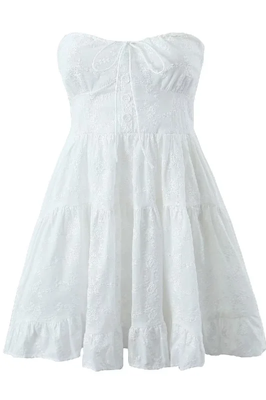 sporty mini dress-Bow Tie White Embroidery Short Dress with Button