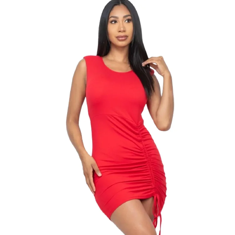 mini dress with side slit-Sleeveless Shoulder Pad Drawstring Ruched Mini Dress