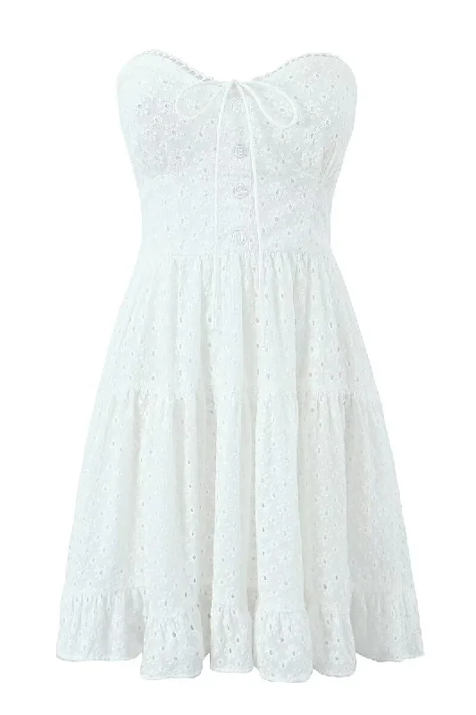 off-shoulder lace mini dress-Sweetheart White Button Front Short Dress