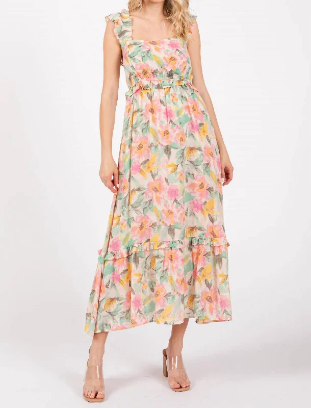 sleeveless V-neck midi dress-Watercolor Floral Midi Dress In Ivory