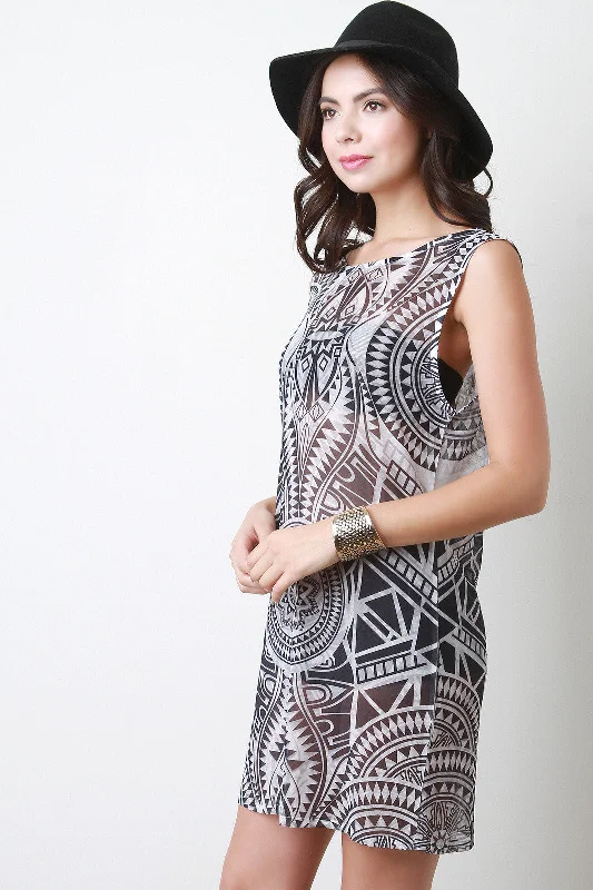 mini dress with bow-Tribal Semi-Sheer Mesh Sleeveless Mini Dress