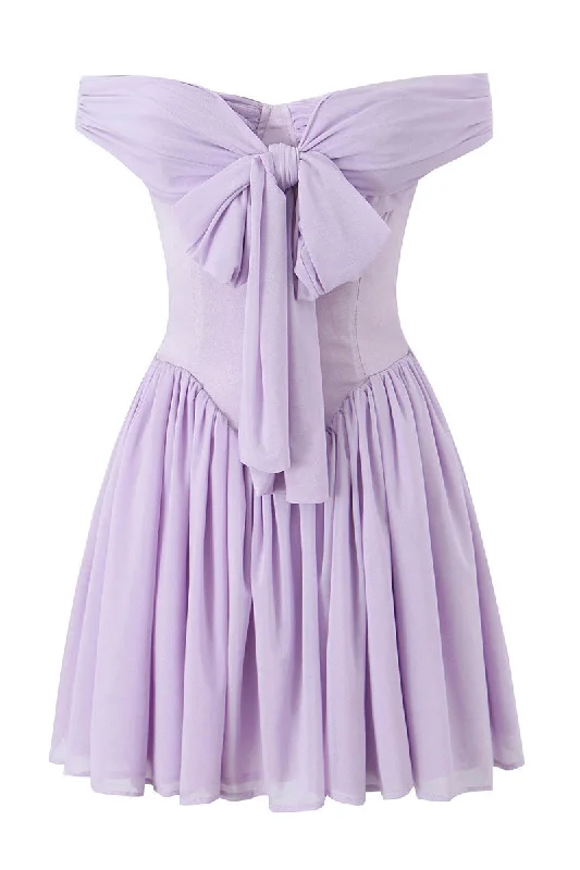 romantic mini dress-Off the Shoulder Lavender Bow Tie Short Dress