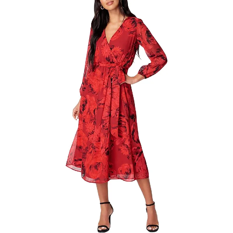 printed midi dress-Womens Chiffon Faux Wrap Midi Dress