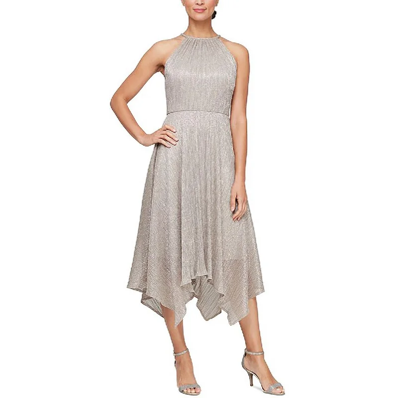 fitted midi dress-Womens Metallic Handkerchief Hem Midi Dress