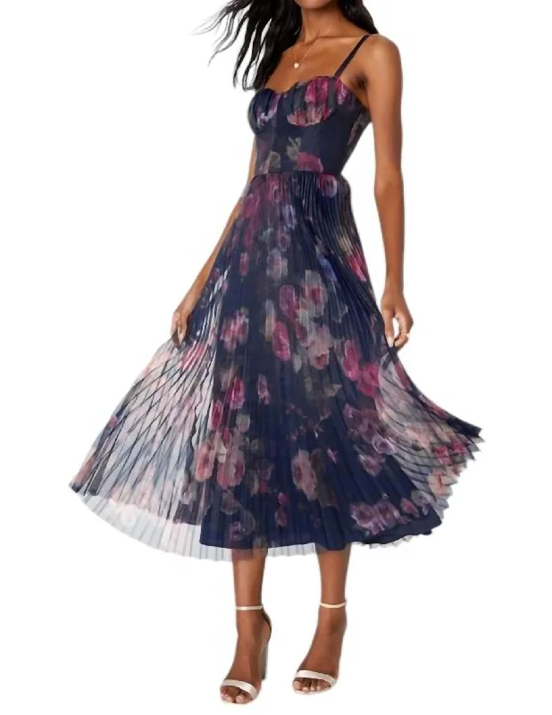 A-line midi dress with sleeves-Floral Pleated Bustier Midi Dress In Midnight Blue