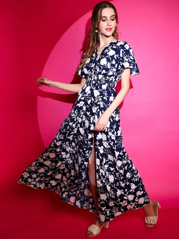 floral detail maxi dress-Smocked floral Printed Half Sleeve V-Neck Maxi Dress