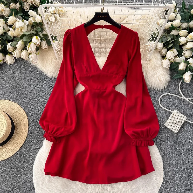 off shoulder cocktail dress-hot girl deep V-neck backless puff-sleeve dress for women party dress      S4588