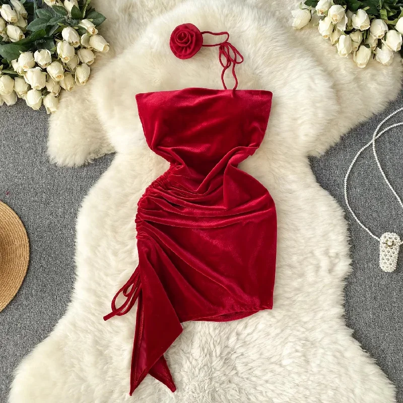 midi cocktail dress-Christmas party skirt strapless irregular velvet dress      S4616