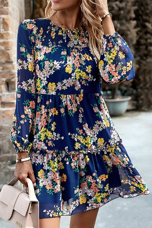 tropical print mini dress-WOMEN SMOCKED NECK FLORAL LONG SLEEVE MINI DRESS