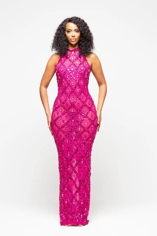 floral crochet lace maxi dress-Diamond Maxi Dress Fuchsia Pink