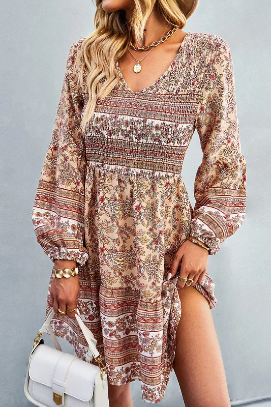 floral bodycon midi dress-PATTERNED LOOSE SLEEVE MIDI DRESS