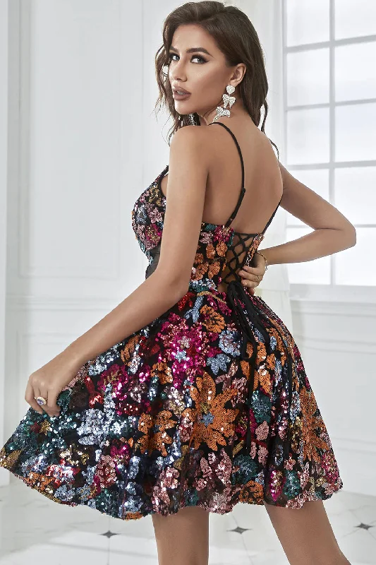 boat neck cocktail dress-TastyHottie - Backless Mesh Panel Floral Print Party Dress