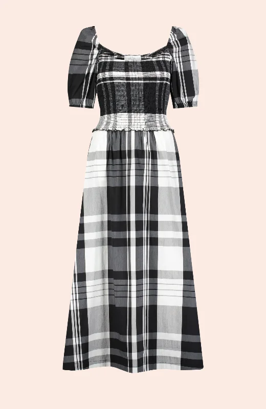 denim casual midi dress-Stretch Plaid Smocked Midi Dress | Black Multi