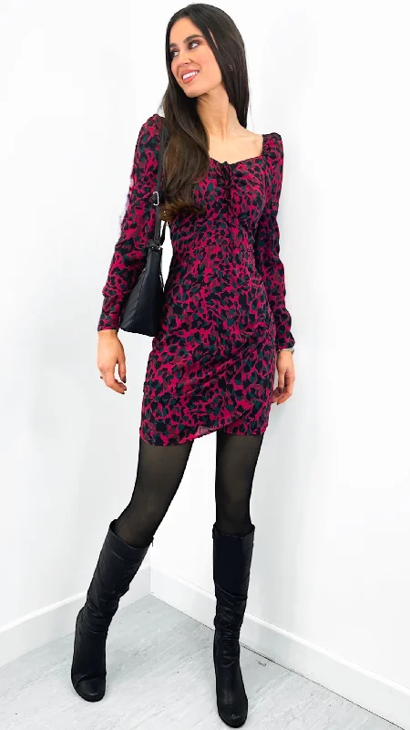 mini dress with sleeves-4-A1337 Wine Print Sean Mini Dress